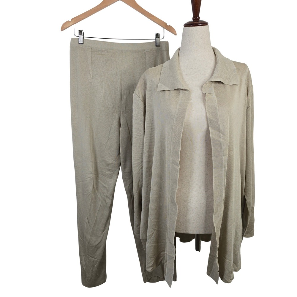 Misook Womens Beige Knit 2 Piece Set Open Cardigan Top L Elastic Waist Pants M